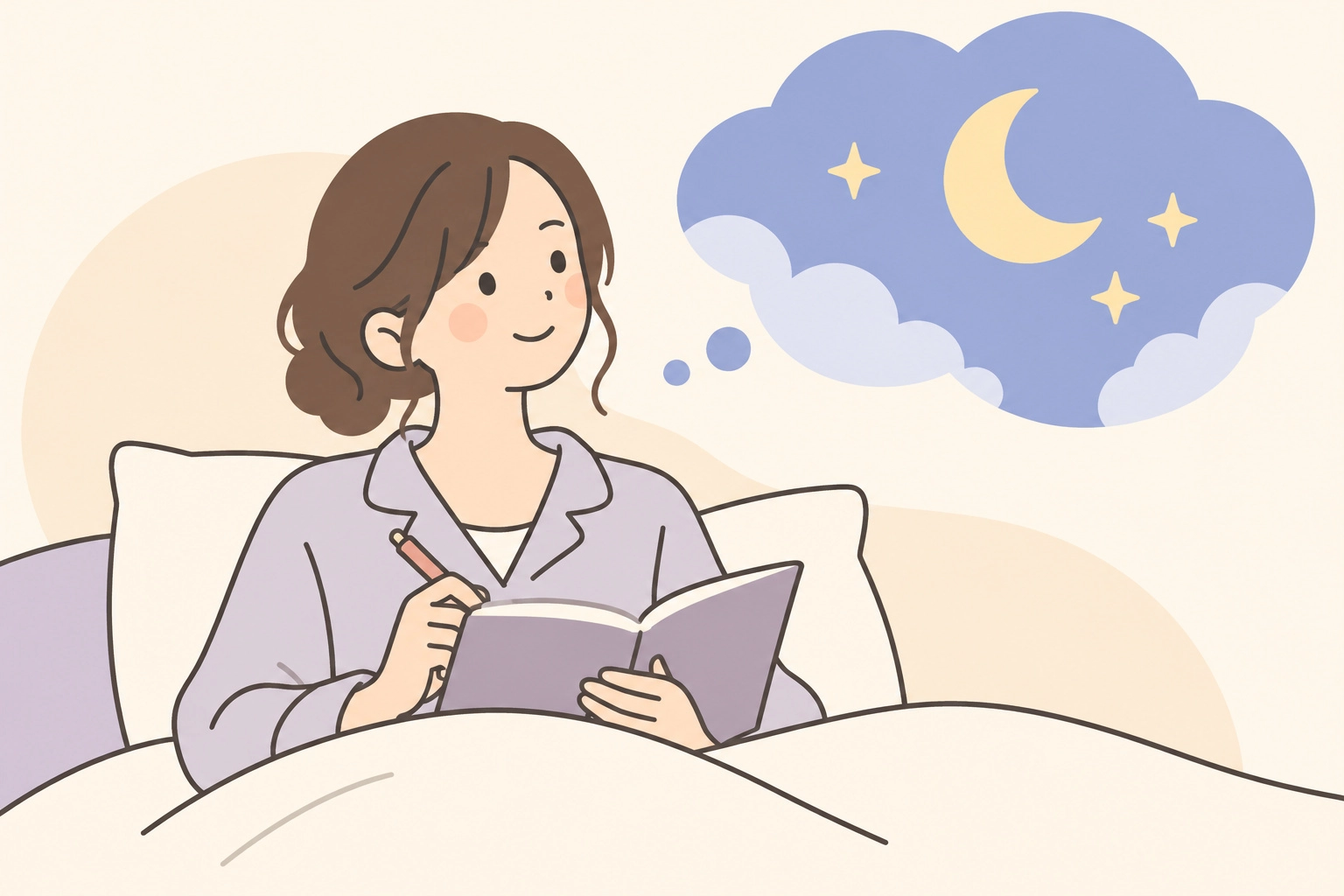 目覚めた女性が夢の記憶をノートに残す場面
