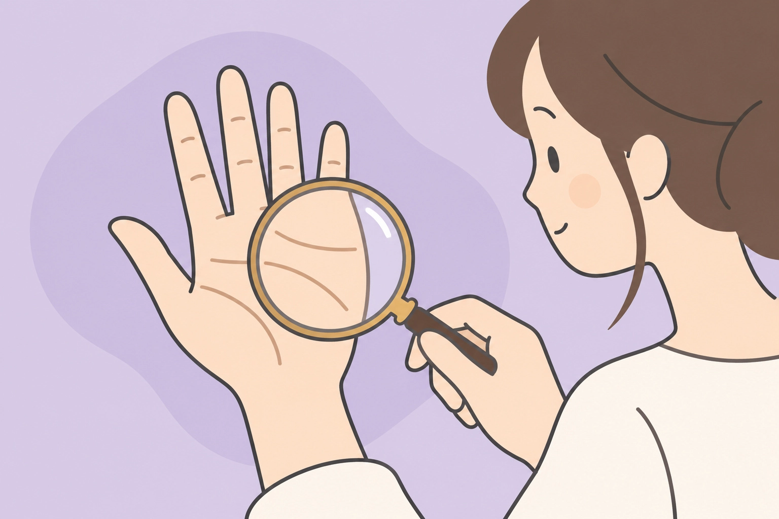 虫眼鏡で手のひらの線を観察する場面