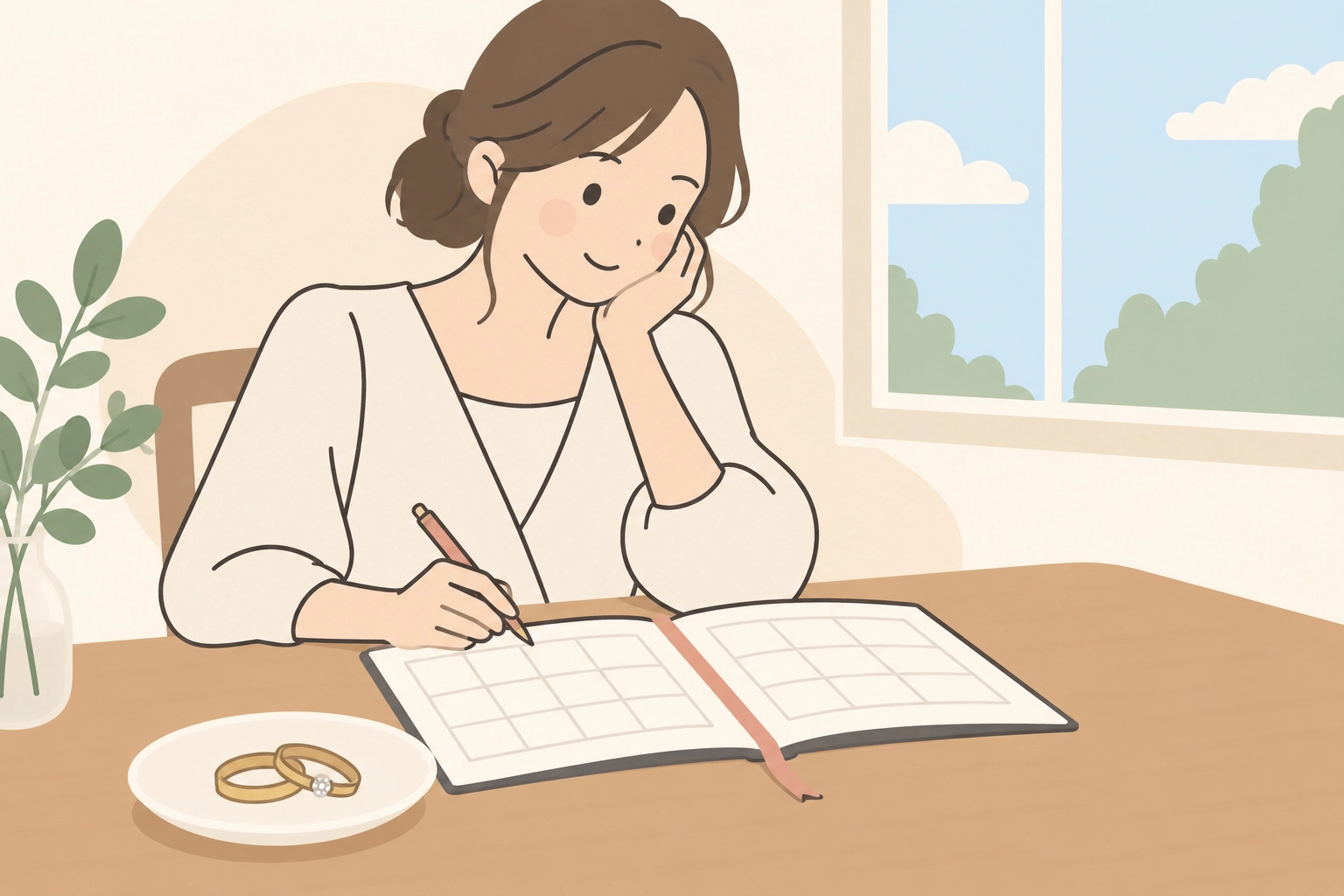 結婚指輪とカレンダーを前に、将来を思い描く女性