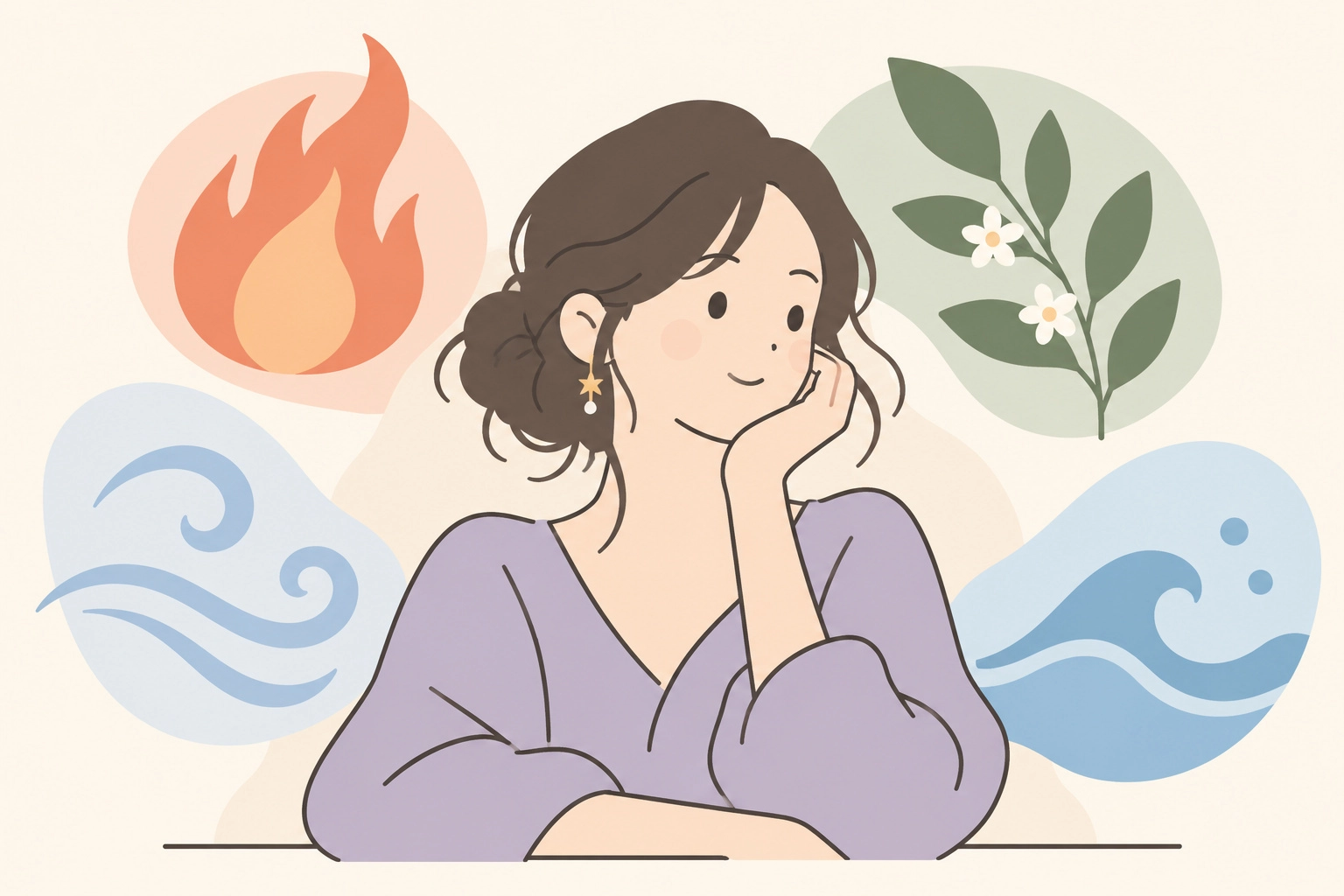 女性を囲む火・地・風・水のモチーフ
