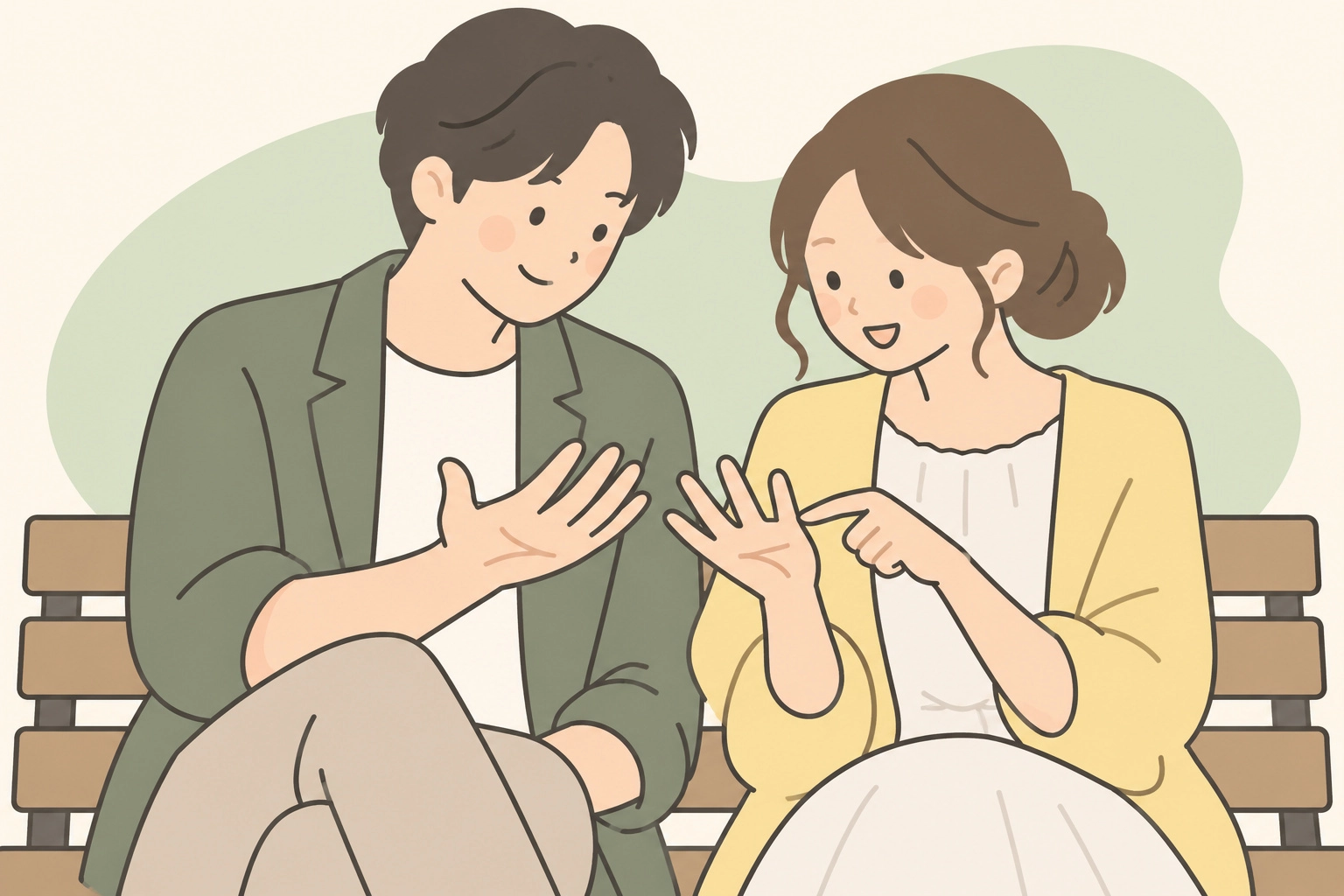 ベンチで互いの手相を見せ合う二人