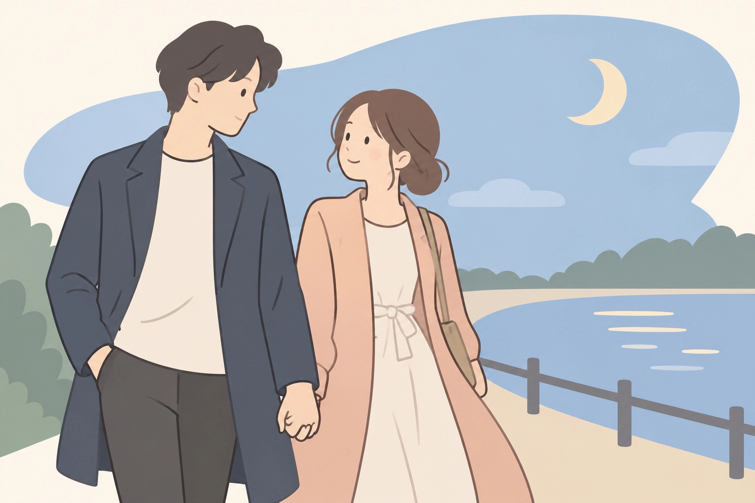夕暮れの川辺で、自然体で寄り添う男女
